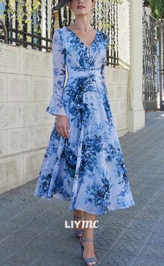 M1189 - V-Neck Long Sleeves Floral A-Line Mother of Bride Cocktail Dre – Liymc Spring A-line Dress For Mother Of The Bride, Elegant A-line Dress With Floral Print, Elegant Floral Print A-line Dress, Long Sleeve Dresses For Mother Of The Bride, Elegant V-neck Midi Dress For Garden Party, Elegant Long Sleeve Evening Dress For Spring, Spring Cocktail V-neck Long Sleeve Dress, Elegant Floral Print Fit And Flare Midi Dress, Elegant V-neck Long Sleeve Spring Dress