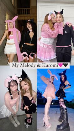 four different pictures of women dressed up in costumes and posing for the camera with their arms around each other