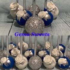 there are two pictures of silver and white cake pops with roses on them, one is blue and the other is white