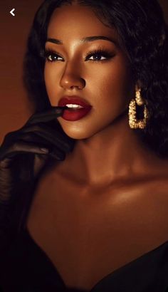 a woman in black dress and gloves with red lipstick on her face, wearing gold earrings