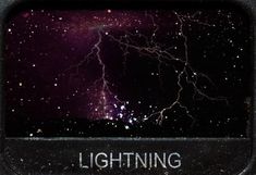 there is a sign that says lightning in the night sky with stars and clouds behind it