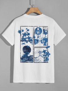 White Street Collar Short Sleeve Fabric Floral,Slogan  Embellished Non-Stretch Summer Men Clothing T Shirt Simple Design, T Shirt Printing Ideas, Japanese Shirt Design, T-shirt Designs, Graphic Tee Ideas, Japanese Tshirt Design, Japanese Fashion Summer, Japanese T Shirt, T Shirt Graphics