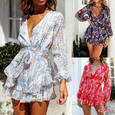 Qteee - Floral Print Jumpsuit with Long Sleeves, Button-Up Neck and Beach Shorts Woman Sleeve, Beach Jumpsuit, Beach Playsuit, Beach Jumpsuits, Long Sleeve Chiffon Dress, Beach Rompers, Floral Print Jumpsuit, Floral Print Rompers, Print Jumpsuit