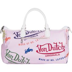 Enlarged for the weekend. This overnight bag is the perfect addition. Soft and Vegan, with the Von Dutch iconic logo All Over print on pink. Monogramed rivets and white contrast piping are just a few great details on this bag. Made with strong carrying handles, this carry all is perfect for the gym, overnight or weekend use. Designer Gym Bag, Pink Duffle Bag With Luggage Sleeve For Weekend Trips, Pink Weekender Bag For Weekend Trips, Casual Pink Weekender Bag For Trips, Casual Pink Weekender Bag For Weekend Trips, Pink Tote Duffle Bag For Weekend Trips, Pink Satchel Duffle Bag, Pink Duffle Bag With Zipper For Weekend Trips, Pink Duffle Bag For Weekend Trips With Zipper Closure