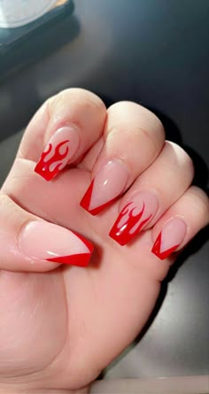 Image found on Pinterest Red Nail Arts Ideas, Red Nail Art Inspiration, Cute Red Nail Ideas For Acrylics, Acrylic Nails Flame Design, Fire Nails Designs Red, Scarlet Nails Design, Red Flame Nails Short, Nails Fire Red, Summer Nails Flames