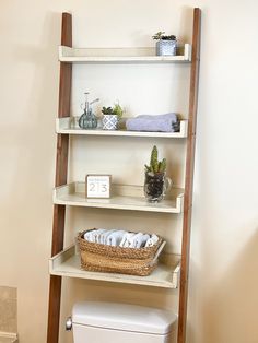 a bathroom with a toilet and shelving unit in the corner next to a ladder