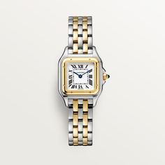 Cartier - Panthère de Cartier watch - Watch Woman Gold/Steel - Panthère de Cartier watch, small model, quartz movement. Case in yellow gold 750/1000 and steel, dimensions: 23 mm x 30 mm, thickness: 6 mm, crown set with a synthetic blue spinel, silvered dial, blued-steel sword-shaped hands, bracelet in yellow gold 750/1000 and steel. Water-resistant to 3 bar (approx. 30 meters). Cartier Watches Women, Cartier Gold, Cartier Panthere, Gold Watches Women, Cartier Watch, Vintage Vogue, Two Tone Watch, Women's Watch, Watch Collection