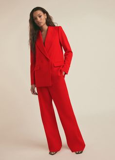 Everything's better in a blazer. The Suits You Blazer is double-breasted with notched lapels and a deep V-neck for a timeless look (that's also on trend). It's got an easy, straight fit cut from a twill suiting blend with a tailored look that is elevated in a fresh red Pomodoro. Add The Favorite Pant in Pomodoro for a complete set. 63% Polyester, 32% Rayon, 5% Spandex Twill Blend Lameka is 5'9.5" wearing size XS. Suits For Women Stylish, Maroon Suit, The Suits, Pant Suits For Women, Christmas Suit, Fall Pants, Suiting Fabric, Pantsuits For Women, Red Suit