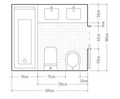 a drawing of a bathroom with toilet, sink and bathtub in the same area