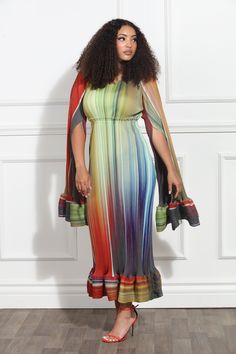 Luxe Moda Style LM-364,2pc. Dress & Sleeve cover,Multi Fitted Multicolor Lined Maxi Dress, Evening Multicolor Stretch Maxi Dress, Fitted Cape Dress For Fall, Multicolor Maxi Dress, Crinkled Fabric, Dress With Cape, Rainbow Ombre, Rainbow Fashion, Cape Sleeves