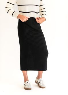 The Louisa Ribbed Maxi Skirt is the perfect 'any occasion' style, this fitted midi skirt is crafted from heavyweight premium slub rib fabric for a luxurious feel. Featuring a high-rise elastic waistband and a chic center back slit, this skirt offers both comfort and sophisticated style! Style | Maxi, Skirt with Slit Co Ribbed Maxi Skirt, Fitted Midi Skirt, Black Floral Skirt, Knit Maxi Skirt, Professional Wardrobe, Knit Midi Skirt, Even And Odd, Pencil Skirt Black, Midi Skirt Pencil