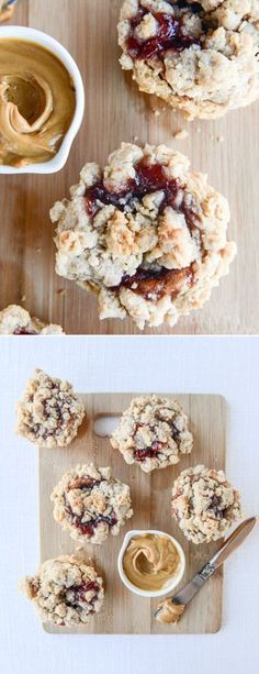 two pictures of cookies with peanut butter and jelly