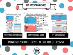 the pet sitter pro package is shown in three different colors and sizes, including polka dots