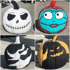 four different pumpkins with faces painted on them