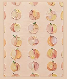 an abstract painting of peaches and apples on a pink background with gold foiling