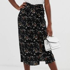 Fashion Union Tall With Berry Floral Pattern And Side Split. Never Worn. I'm 5'7 And It Hits Mid Calf. Us 4, Small Purchased From Asos, But Brand Is Fashion Union Trendy Black Floral Print Skirt, Black Floral Print Skirt For Day Out, Black Skirt For Spring Day Out, Black Floral Print Pencil Skirt, Black Pencil Skirt For Spring, Black Midi Length Bottoms For Summer, Black Midi Skirt For Day Out, Casual Black Midi-length Bottoms, Casual Black Midi Length Bottoms