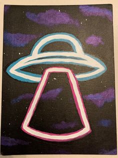 an alien spaceship painted on a black canvas with purple and blue clouds in the background