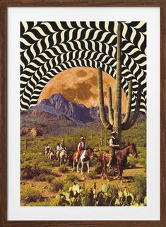 an image of people riding horses in the desert with mountains and cactuses behind them