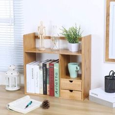 Enjoy your clean and organized workspace with this bamboo desk organizer. Its modern design gives this bookshelf an elegant appearance that can be easily incorporated into any office or home decor. Perfect for organizing and storing all your books and magazines. It only takes a few minutes to assemble, with all tools and instructions included. | Latitude Run® Bamboo Desktop Display Shelf Desk Organizer w / 2 Drawers Bamboo in Brown, Size 18.0 H x Desk Organizer Ideas, Offices Ideas, Organization Desk, Organized Workspace, Bamboo Desk, Multipurpose Desk, Attic Office, Desk Items, Desktop Bookshelf