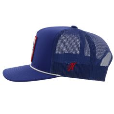 Red/White/Blue Patch 5-Panel OSFA Odessa Fabric High-Profile Hybrid Bill Adjustable Blue Trucker Hat For 4th Of July, Patriotic Blue Trucker Hat For 4th Of July, Casual Blue Trucker Hat For 4th Of July, Patriotic Blue Baseball Cap With Curved Brim, Blue Trucker Cap With Flat Brim, Blue Baseball Cap For 4th Of July, Blue Trucker Snapback Hat With Flat Bill, Blue Curved Brim Hat For 4th Of July, Blue Patriotic Adjustable Baseball Cap