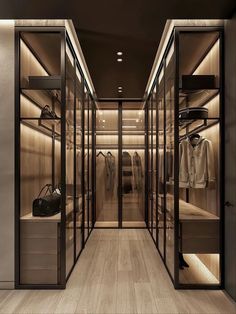 a walk in closet with glass doors and shelves