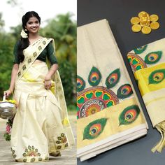 Kerala Golden Tissue Peacock feather work Davani Material 3 Pcs , skirt unstitched, Blouse material Unstitched, shawl This Davanai material is ideal for age 12 - 40 yrs Package Details : One Item with 3 Piece ,Material (Skirt, Shall & Blouse) Skirt - 4.0 Mtr Unstitched Shall - 2.8 Mtr with tassels Blouse - 1.0 Mtr unstitched If stitched Davani need, we will provide you measurement chart at the time of placing the order. As per the measurement given by the buyer, we will stitch the blouse with se Kerala Davani Blouse Designs, Festival Saree Sets With Peacock Design, Traditional Navratri Sets With Peacock Design, Diwali Saree Sets With Peacock Design, Festival Sets With Peacock Design, Kerala Dhavani, Golden Peacock Feather, Tassels Blouse, Golden Peacock