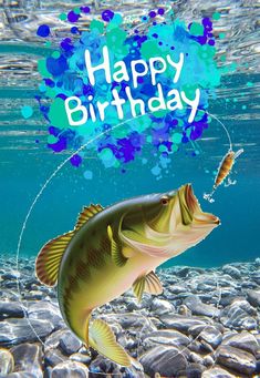 a large mouth bass jumping out of the water with a happy birthday message above it