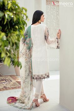 Asim Jofa Pakistani White Dress Latest with its beautiful and fine embroidery and elegant embellishments is eye catching and heart winning at very first sight making this dress perfect to style on any special event or party and of course a must buy product. Kameez: This kameez seems to be a fine embodiment of elegance and grace. Fine embroidery work on front, back, sleeves and neckline is further beautifying its look. Border and sleeves of this kameez are adorned with embroidered organza lace an Pakistani White Dress, Asim Jofa, Chiffon Collection, Pure Chiffon, Pakistani Wedding Dresses, Silk Trousers, Eid Collection, Silk Dupatta, Slim Fit Trousers