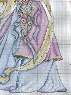 a cross stitch pattern with an image of a woman in a blue dress and gold crown