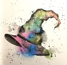 a watercolor painting of a wizard's hat on top of a surfboard