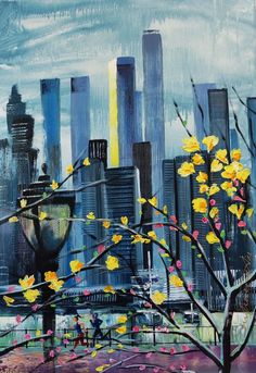 a painting of yellow flowers in front of a city skyline