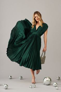 Anetta Midi Dress In Pleated Emerald Satin Pleated Gown, Plunge Dress, Dressy Dresses, Dress Inspo, Waist Measurement, Midi Dress Casual, Pleated Fabric, Pleated Midi Dress, Mid Dresses