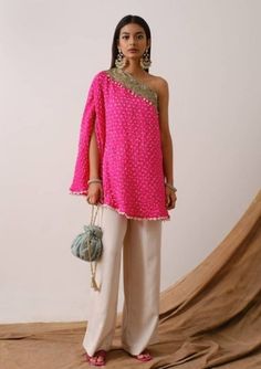 Bandhej Suit Designs Indian Style, Pink Coord Set Outfit, Kaftan Top With Pants, Rakhi Look For Women, Bandhani Co Ord Set, Rakhi Outfits For Women, Indowestern Outfits Casual, Rakhi Outfit Ideas, Rakhi Outfits