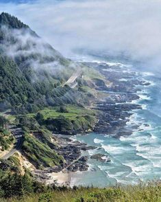 an aerial view of the ocean and coastline with fog in the air, along side some trees