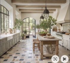 a large kitchen with an island in the middle and potted plants on the counter