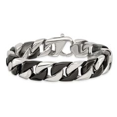 Ageless And Classic, A Two-Tone Flat Curb Chain Is Eye-Catching And Fashionable. It Is Created From Polished And Black-Plated Stainless Steel And Is Approximately 14mm (9/16 Inch) In Width By 8.75 Inches In Length Including The Fancy Lobster Clasp. This Item Has An Approximate Weight Of 75.68 Grams. Black Metal Chain Bracelet With Stainless Steel Clasp, Classic Black Jewelry With Chain Detail, Elegant Black Link Chain Bracelet, Classic Black Chain Jewelry, Adjustable Black Chain Link Jewelry, Elegant Black Chain Bracelets, Elegant Black Chain Link Jewelry, Elegant Black Chain Bracelet, Black Curb Chain Bracelet As Gift