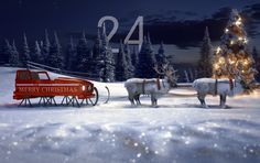 two white horses pulling a red sleigh in the snow with christmas lights on it