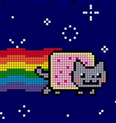 an image of a pixel art with a cat on it's back and rainbow in the background