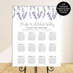 a seating chart with lavender flowers on it