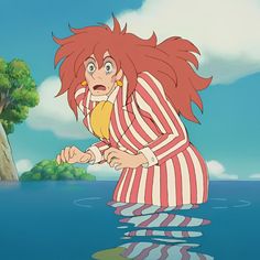 a woman with red hair standing on top of a body of water next to trees