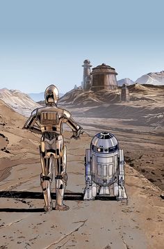 a robot walking next to another robot in the desert