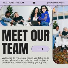 a group of people sitting on couches in front of a sign that says meet our team