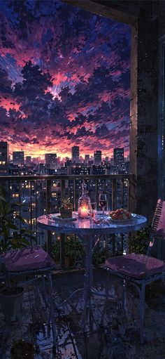 a table and chairs on a balcony overlooking the city at night with purple clouds in the sky