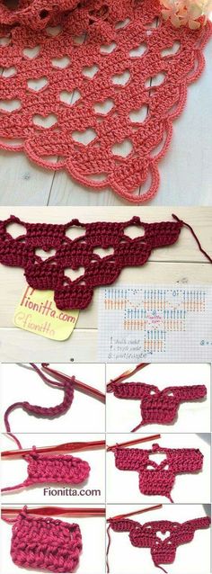 the crocheted scarf is being worked on with yarn and thread, along with instructions to make it