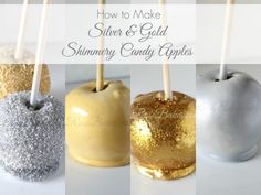 there are four candy apples with gold and silver glitters on them, all in different colors