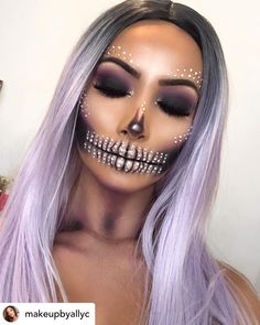 Cute Skull Makeup, Rhinestone Skull Makeup, Light Fall Hair, Skeleton Makeup Looks, Cool Skeleton Makeup, Hair Colors Red, Glitter Halloween Makeup, Skull Makeup Ideas, Halloween Hair Ideas