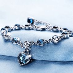 Heart Queen Sapphire Bracelet-Fashion Bracelets & Bangles-StylinArts Blue Crystal Bracelet, Sterling Silver Heart Bracelet, Silver Heart Bracelet, The Bangles, Sapphire Bracelet, Rhinestone Bracelet, Fine Jewelry Gift, Love Bracelets, Blue Bracelet