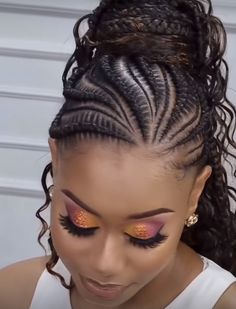 Cornrows With 2 Front Braids, Bandika Lines Hair Styles, Cornroll Braids Hairstyles Cornrows, Cornrow Ponytail With Curls, Ghanaian Lines, Ponytail With Braids In Front Black Hair, Braided Cornrow Ponytail Hairstyles, Feed In Braids Hairstyles Updos, Latest Hair Braids Styles 2023