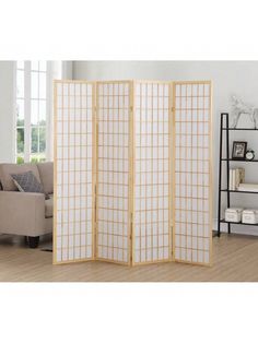 the room divider is made out of wood and has two panels on each side