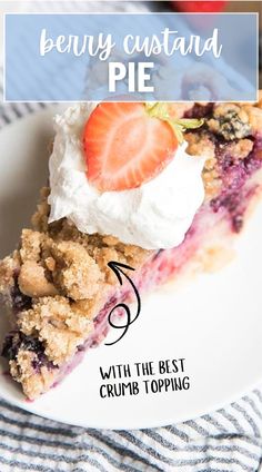 a slice of berry custard pie on a white plate with text overlay